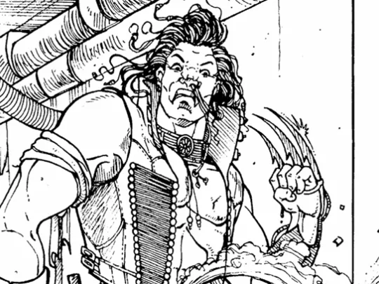Black-and-white comic-style drawing of a snarling figure in a studded vest, cables and tubing running behind them.