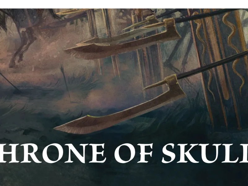 Throne of Skulls event banner: white title text over muted artwork of raised polearms and a skeletal horse in the mist.