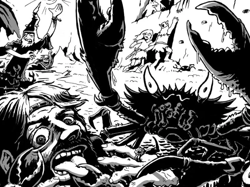 Black-and-white fantasy artwork of adventurers surrounded by beastmen in an underground cavern.