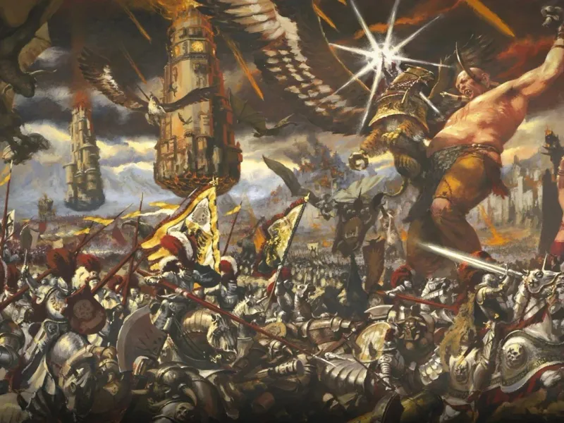 Painting of a huge battle: Empire knights and halberdiers with banners hold the line against giants and orcs as burning wizard towers fall from the sky.