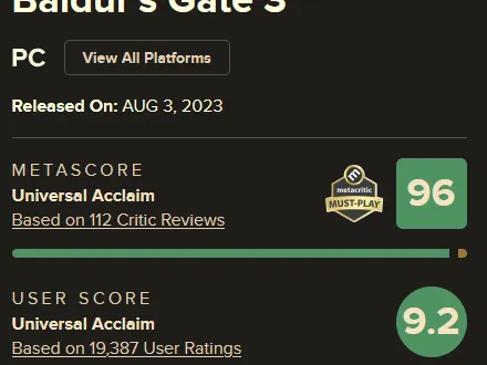 Metacritic page for Baldur's Gate 3 on PC, showing a Metascore of 96 from 112 critic reviews and a user score of 9.2 from 19,387 ratings.