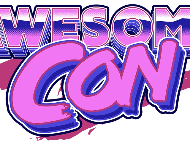 Awesome Con logo in chunky pink and blue retro lettering over a magenta paint splash.