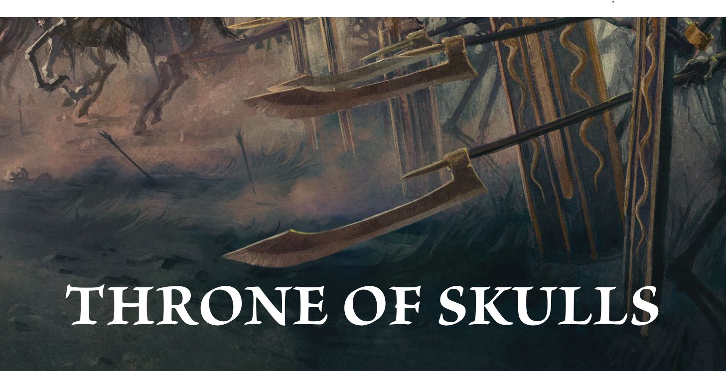 Throne of Skulls event banner: white title text over muted artwork of raised polearms and a skeletal horse in the mist.
