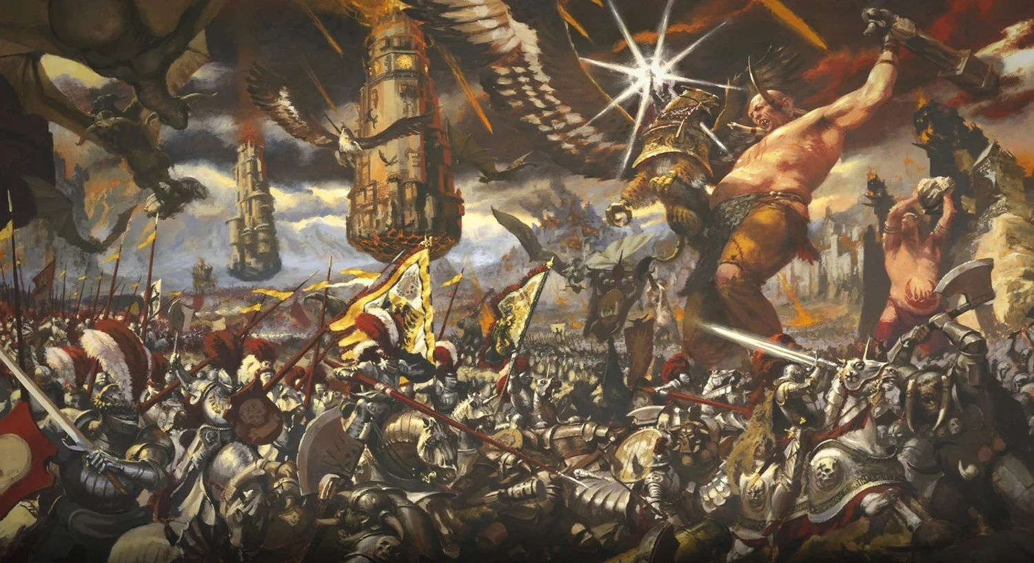 Painting of a huge battle: Empire knights and halberdiers with banners hold the line against giants and orcs as burning wizard towers fall from the sky.