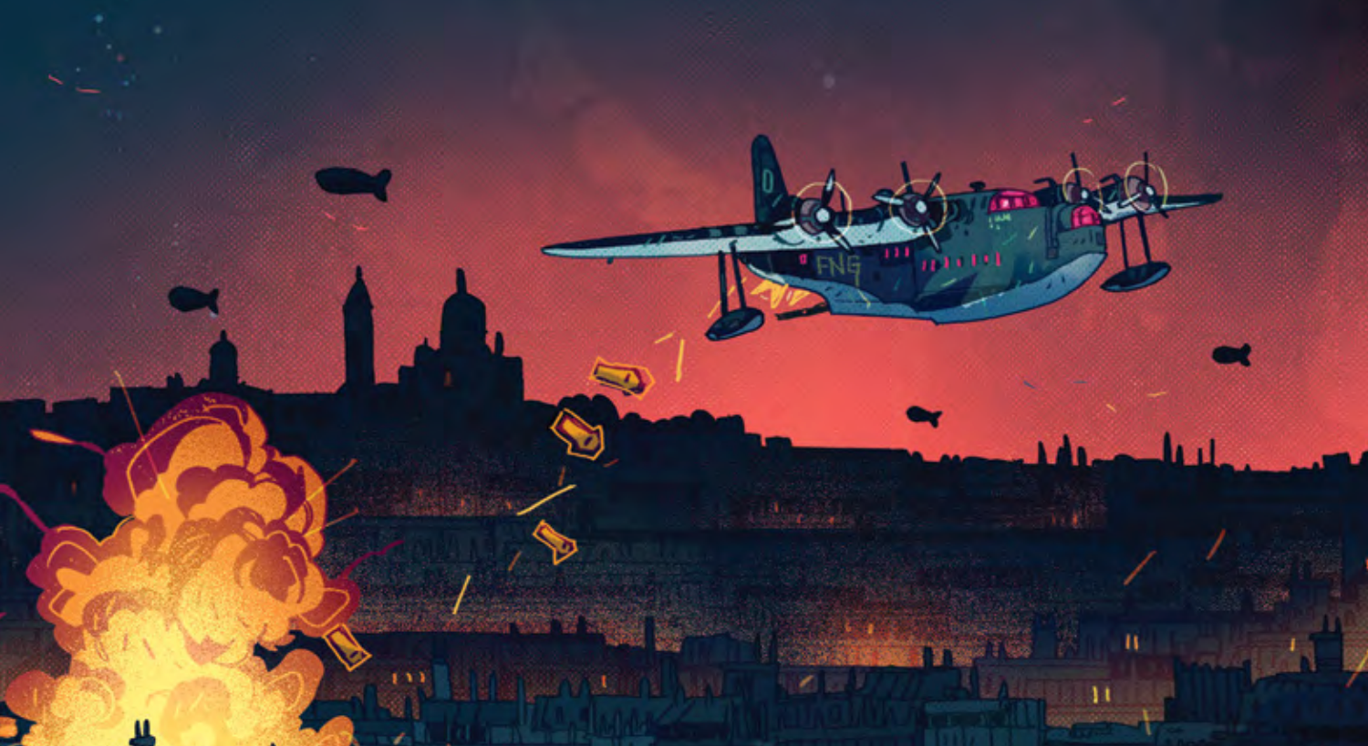 Illustration of a flying boat marked "FNG" over a burning Paris at dusk, bombs falling toward the skyline and a fireball rising on the left.