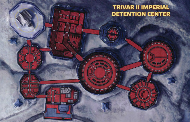 Top-down map of the Trivar II Imperial Detention Center: red octagonal and circular blocks linked by corridors, set in blue-white snow, with a landing pad at one corner.
