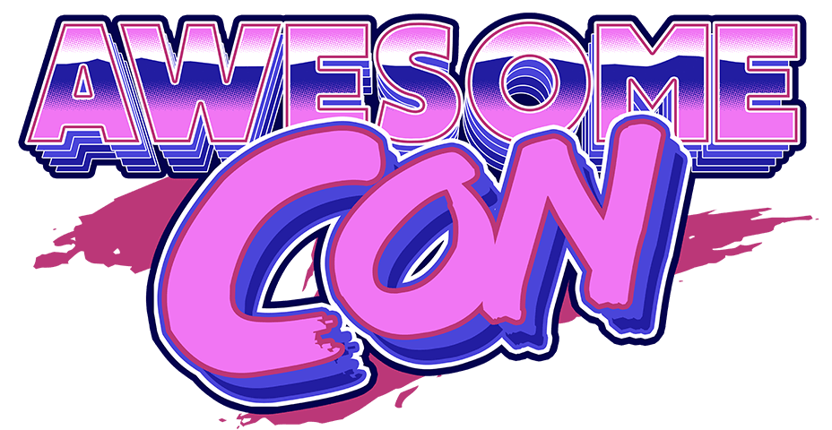 Awesome Con logo in chunky pink and blue retro lettering over a magenta paint splash.
