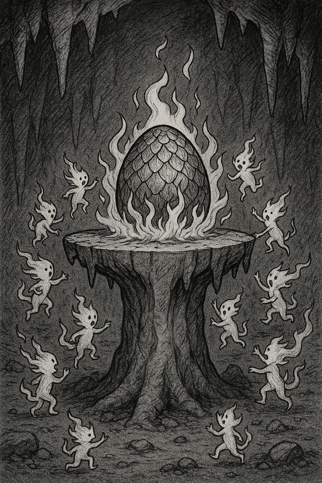Pencil-style drawing of a burning scaled egg on a stone altar in a cavern, ringed by a dozen capering flame elementals.