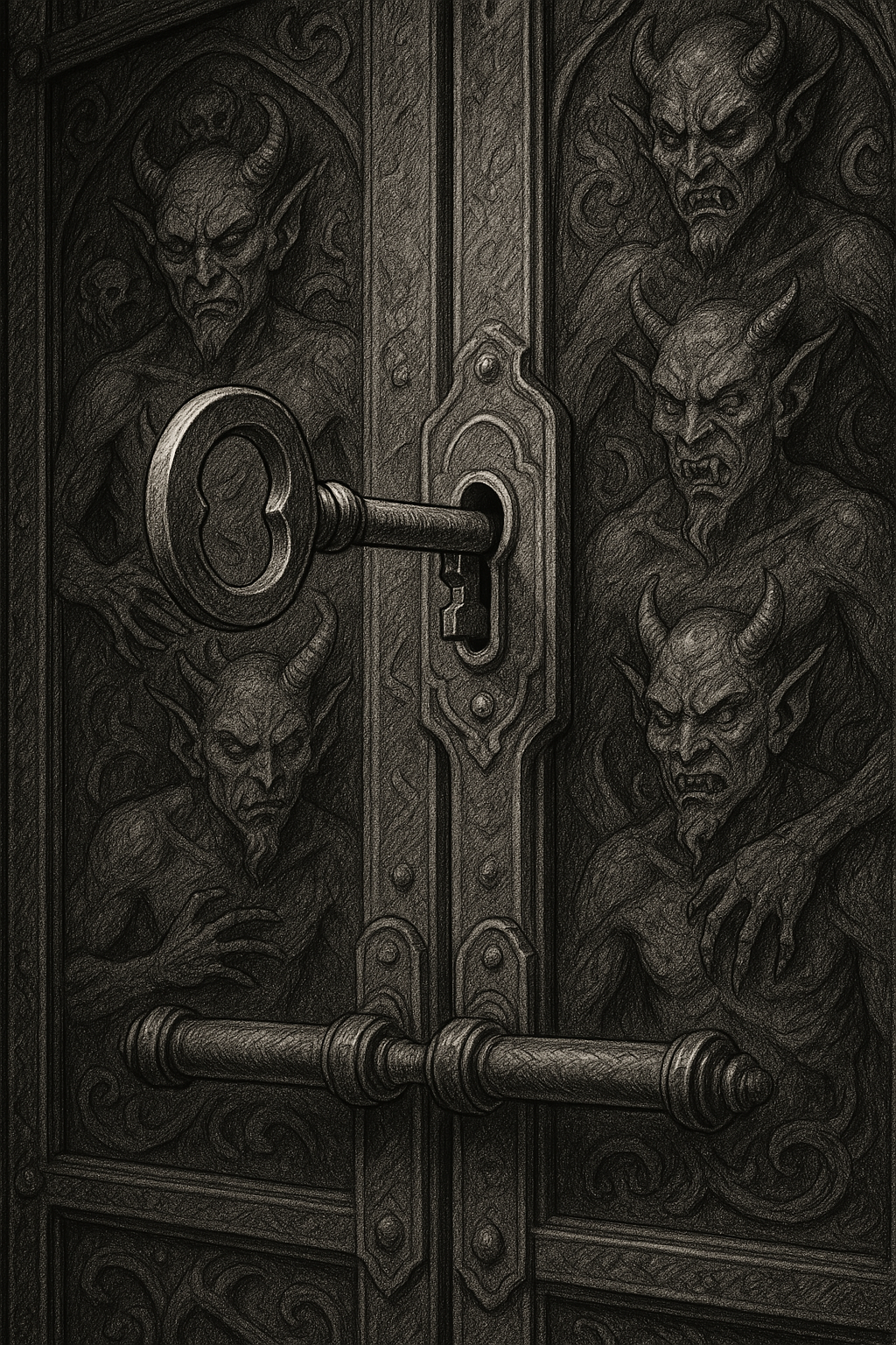Pencil-style drawing of a pair of dark brass doors cast with snarling horned devils, a large iron key turned in the lock at the center.