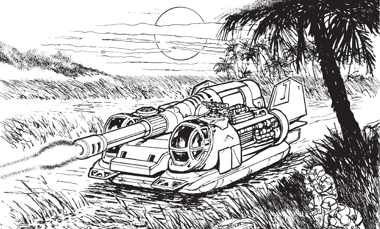 Ink drawing of the SM1 Tank Destroyer, a hovertank with a long autocannon, skimming through coastal marsh grass at sunset.