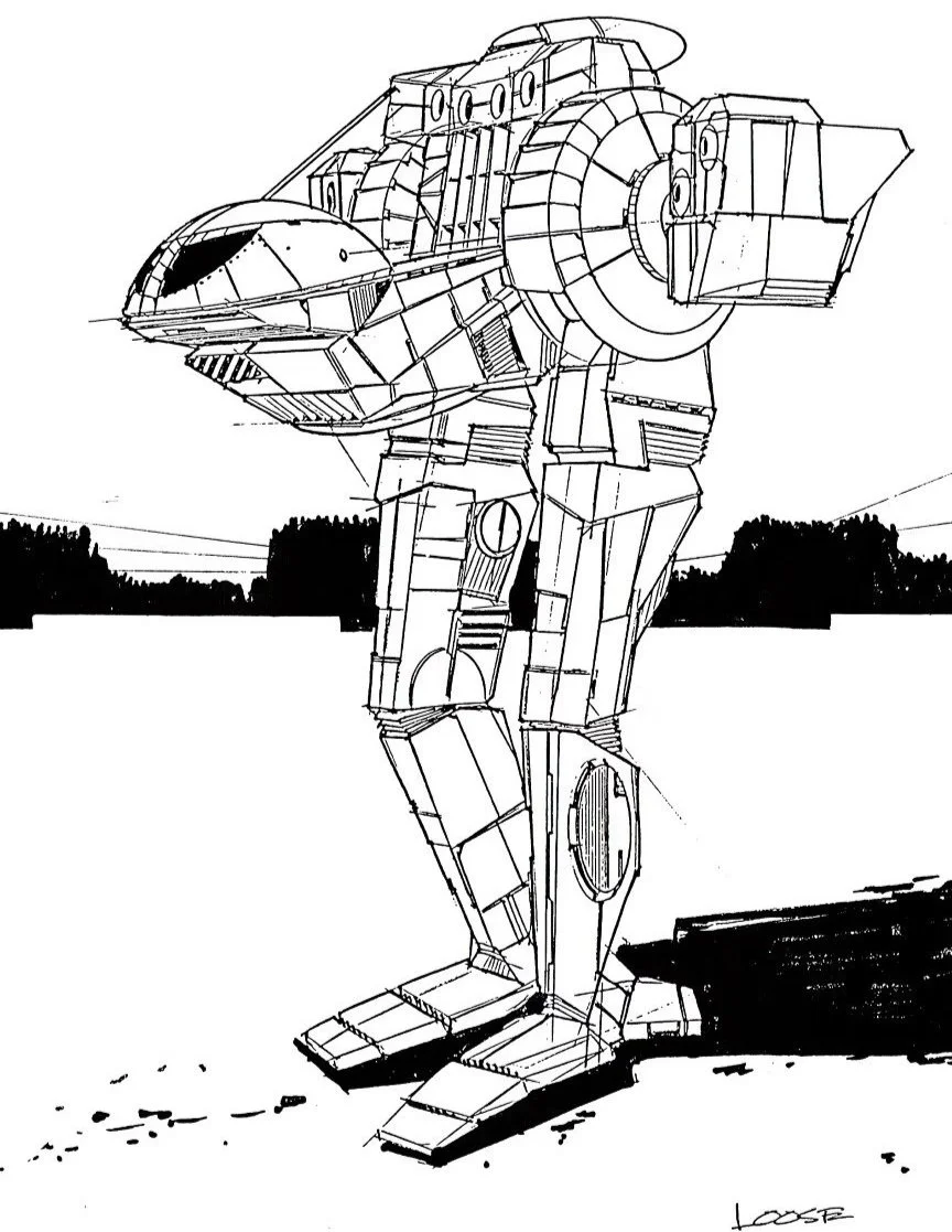 Black-and-white line art of the Jenner, a squat bird-legged mech with wing-like weapon pods, standing in an empty field.