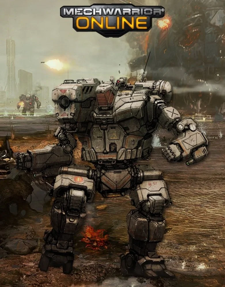 MechWarrior Online promotional art: a weathered grey mech advancing through a burning, ruined cityscape.