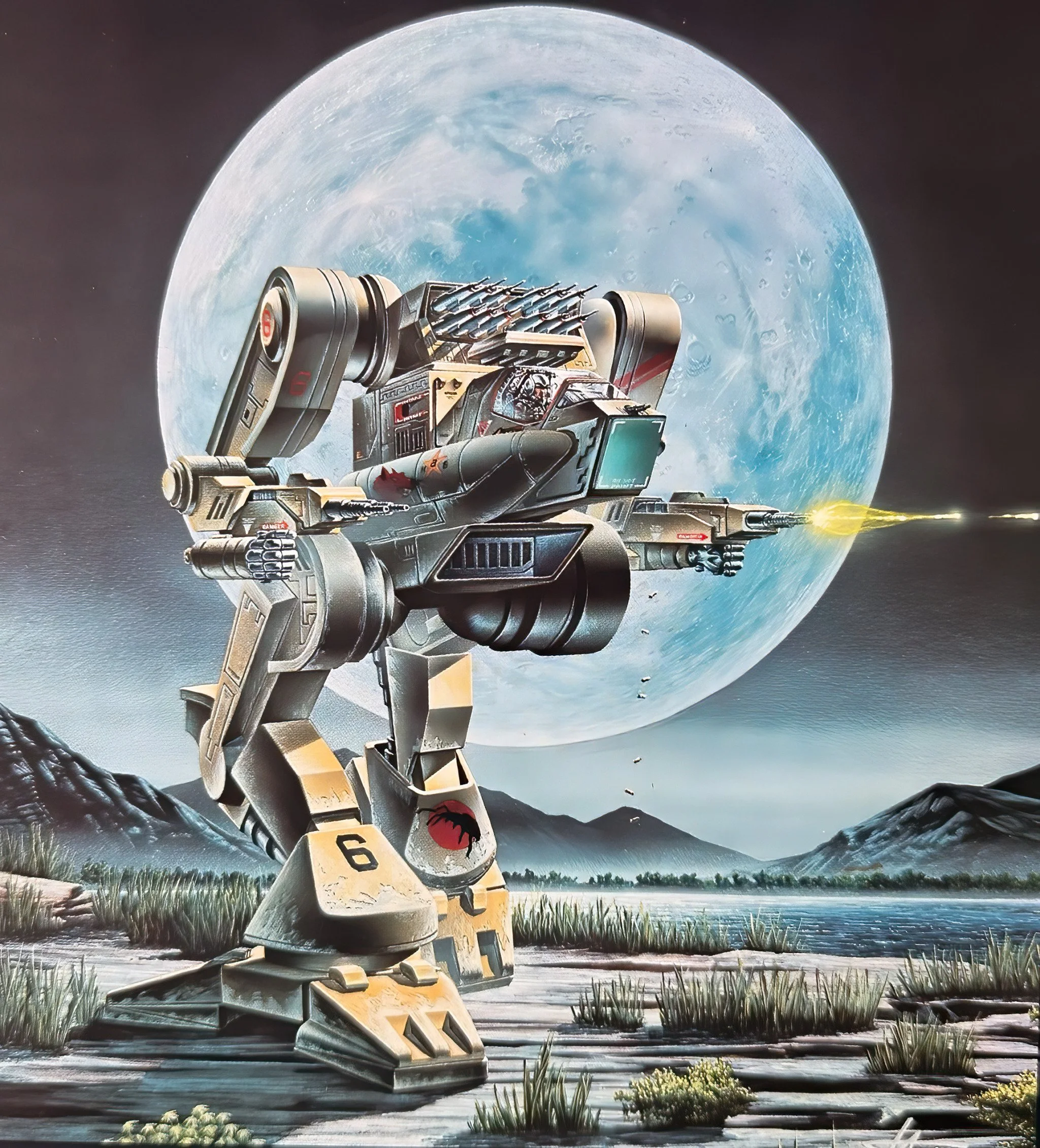 Painting of a Stormcrow firing a laser across a marshy plain, a huge moon filling the sky behind it.