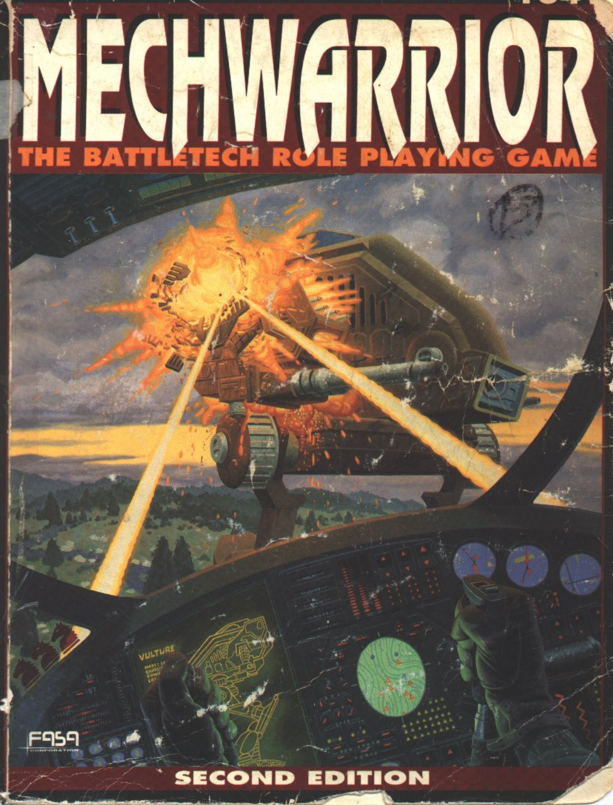 Battered cover of MechWarrior: The BattleTech Role Playing Game, Second Edition, showing a vehicle exploding under laser fire as seen from a mech cockpit.