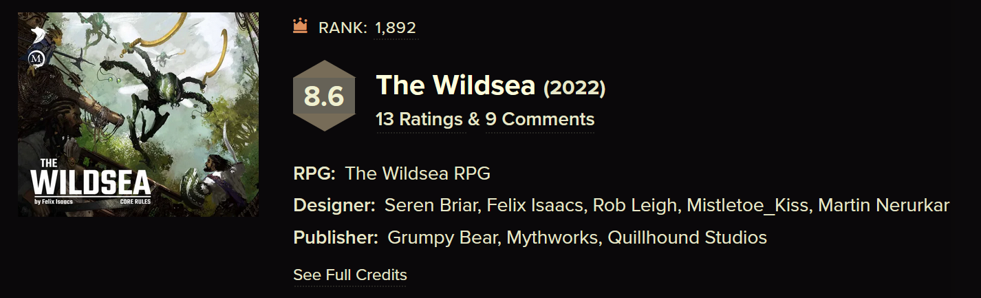 RPG Geek listing for The Wildsea (2022): rank 1,892, a score of 8.6, and just 13 ratings and 9 comments.