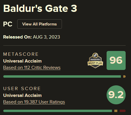 Metacritic page for Baldur's Gate 3 on PC, showing a Metascore of 96 from 112 critic reviews and a user score of 9.2 from 19,387 ratings.