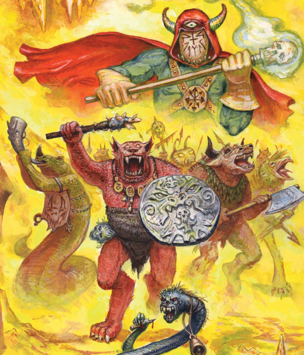 Painting of a horde of beastmen with axes and shields charging out of a yellow haze, led by a cloaked cultist with a horned helm.