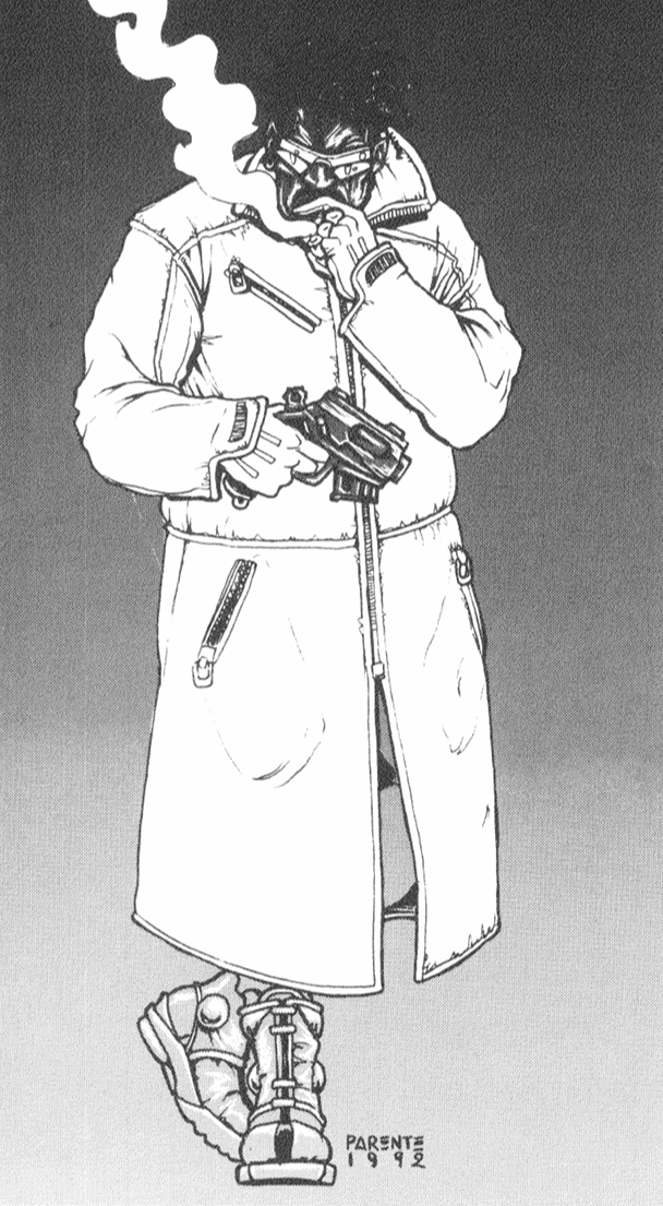 Black-and-white illustration of a figure in a long white coat and mirrored visor, smoking a cigarette with a pistol in one hand.