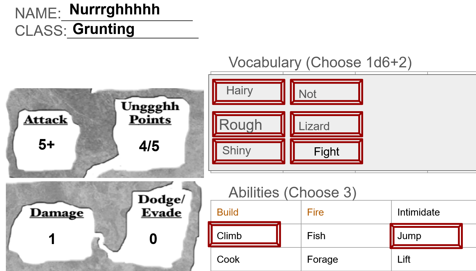 Land of Og character sheet for Nurrrghhhhh, class Grunting: Attack 5+, Unggghh Points 4/5, Damage 1, Dodge 0, with vocabulary words and abilities circled in red.