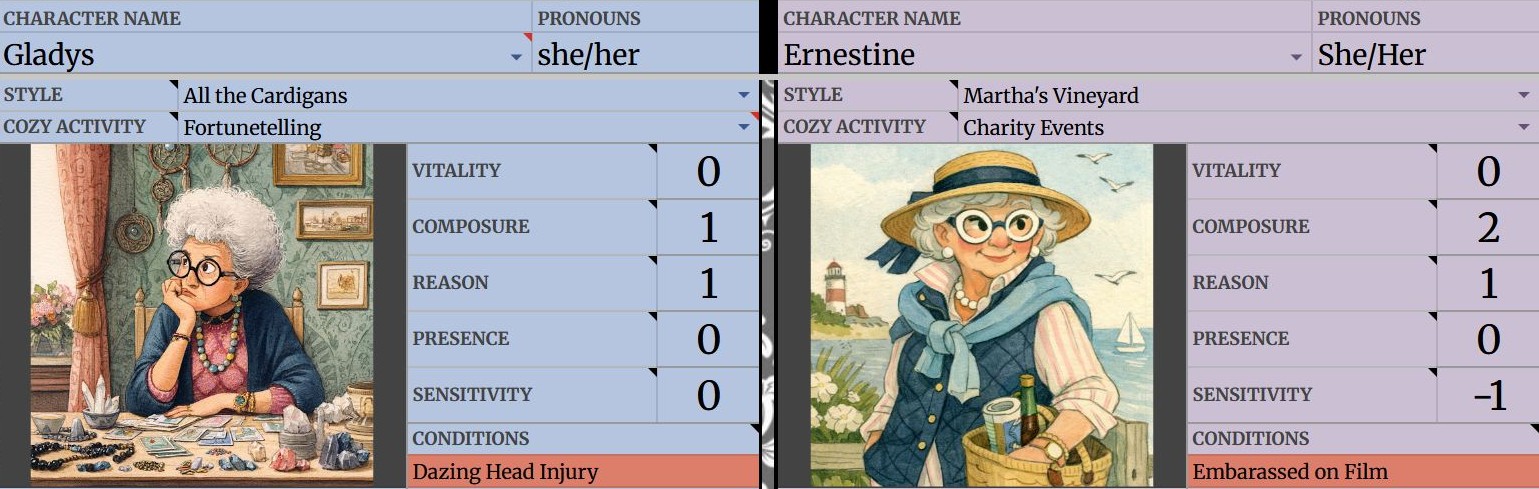 Two Brindlewood Bay character sheets side by side for Gladys and Ernestine, each with a portrait of an older woman, stat boxes, and a condition marked in red.