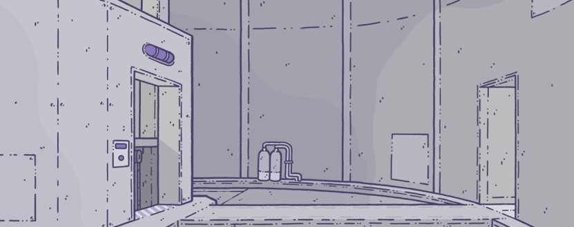 Illustration from Decagone: a bare purple-grey research station room with an open elevator door and pipework along the far wall.