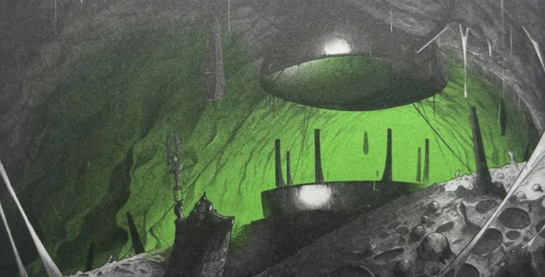 Illustration from the novel: a vast underground Necron chamber lit by a pool of glowing green energy.