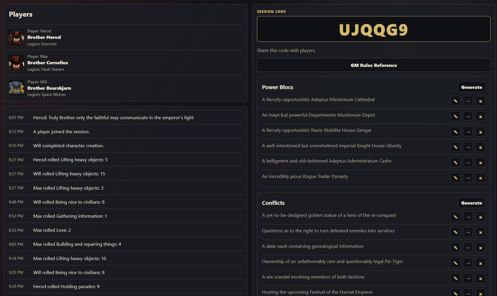 Screenshot of the custom Nice Marines VTT: a player list of marine characters and a session log on the left, generated power blocs and conflicts on the right.