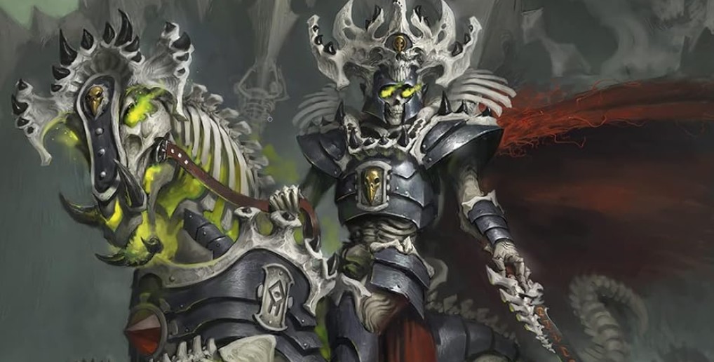 Artwork of an Ossiarch Bonereaper king in bone-and-steel armour with green glowing eyes, riding a skeletal steed.