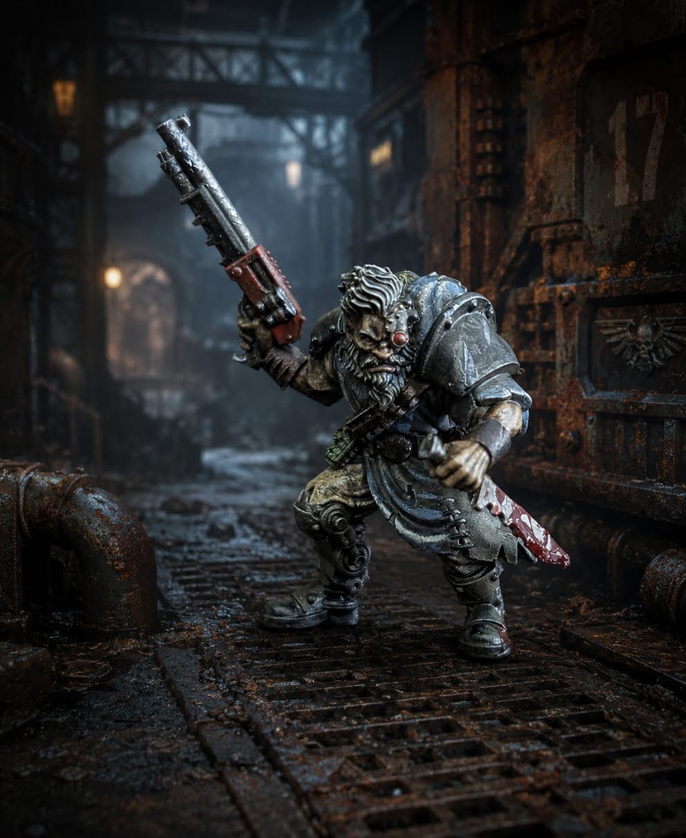 Grizzled necromunda model in blue and grey against dark underhive background