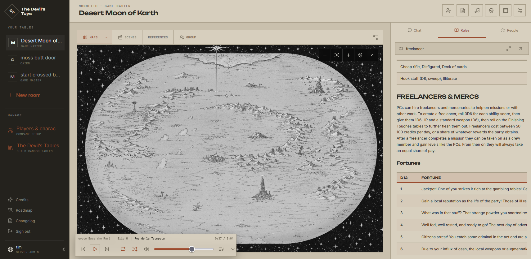 The Devil's Toys VTT showing a Desert Moon of Karth map and Monolith rules.