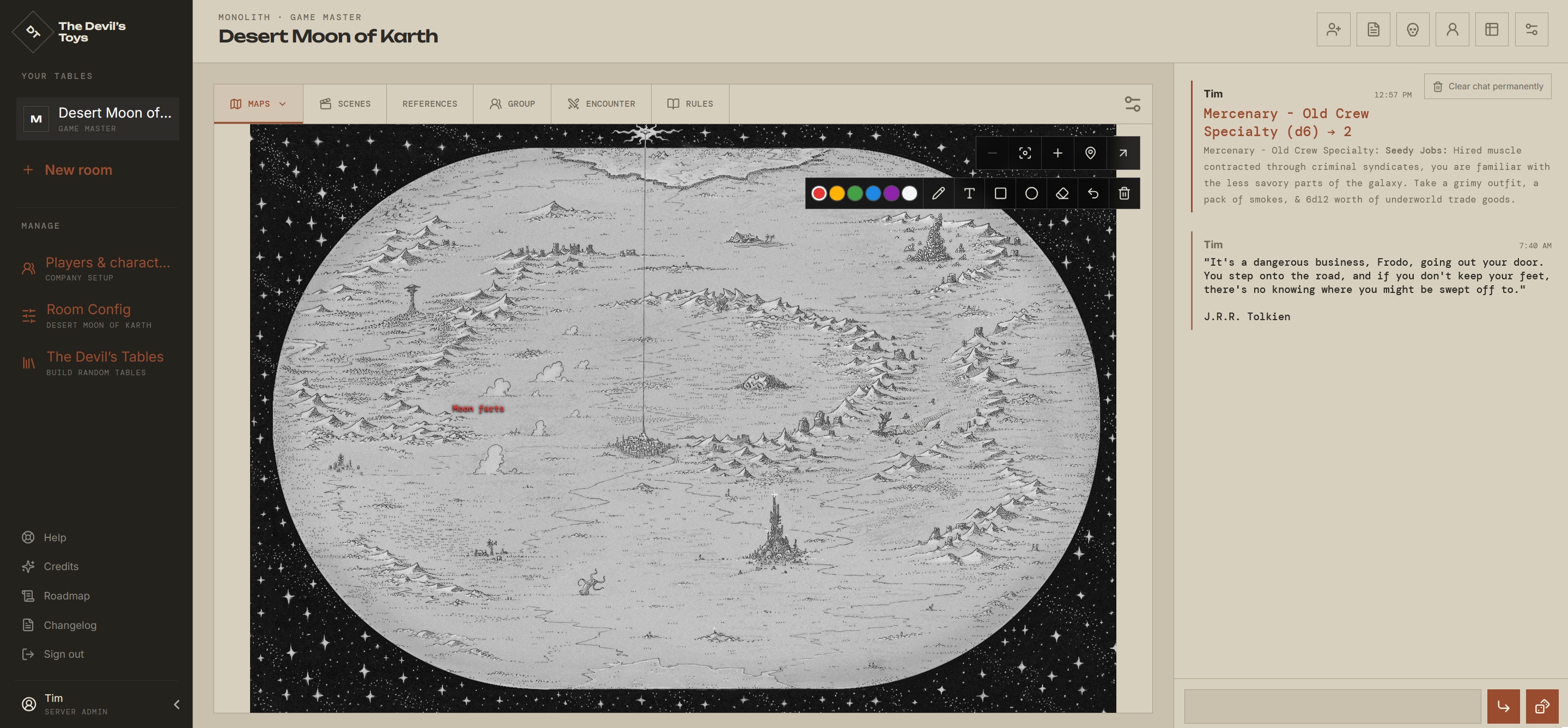 The Devil's Toys VTT showing a Desert Moon of Karth map.